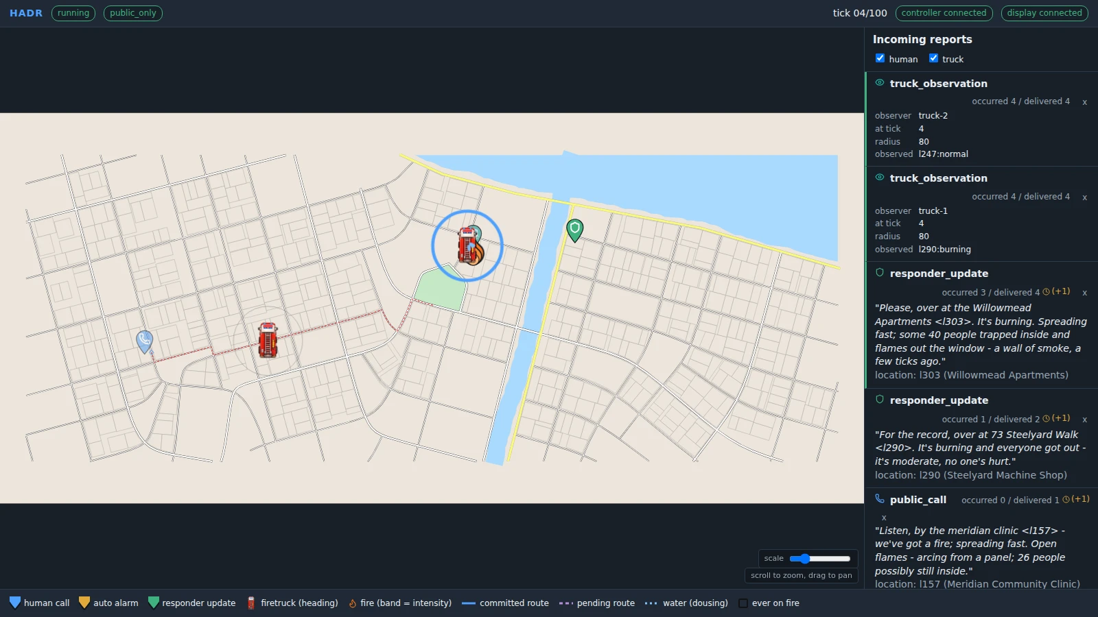 The firetruck simulator: trucks travel through a city while incoming fire reports appear beside the map