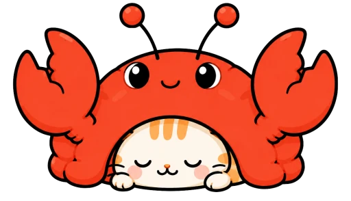 A sleeping kitten nestled inside a smiling red lobster, the KittenClaw mascot